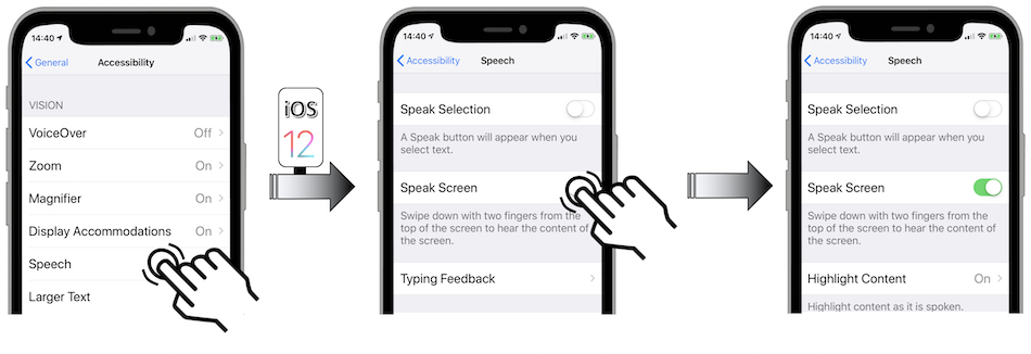 Access illustration via Settings - General - Accessibility - Speak Screen