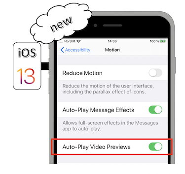 Access illustration via Settings - Accessibility - Motion - Auto-play Video Previews
