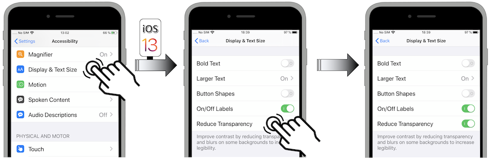 Access illustration via Settings - Accessibility - Display & Text Size - Reduce Transparency