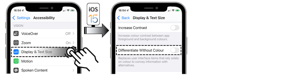 Access illustration via Settings - Accessibility - Display & Text Size - Differentiate Without Colour