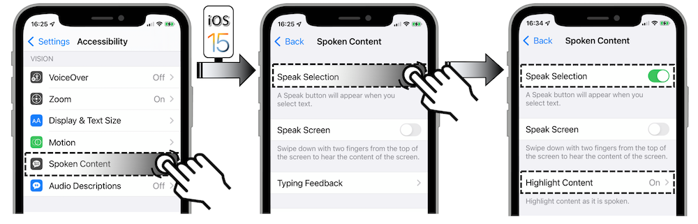 Access illustration via Settings - Accessibility - Spoken Content - Speak Selection