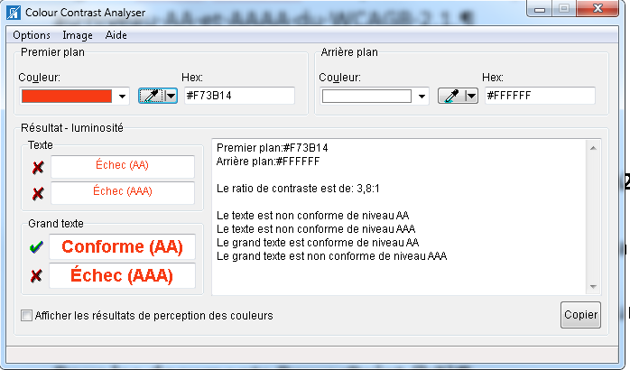 capture d'écran de l'outil colour contrast analyser