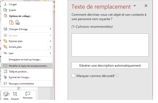 La fenêtre du texte de remplacement propose 2 zones : 1 champ pour saisir le texte de remplacement, 1 case à cocher pour marquer comme décoratif.