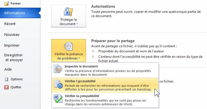 capture d'écran du vérificateur d'accessibilité