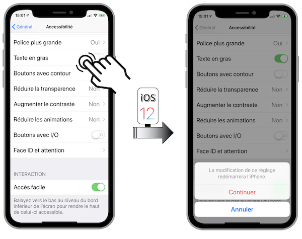 Illustration d'accès via le menu Réglages - Général - Accessibilité - Texte en gras