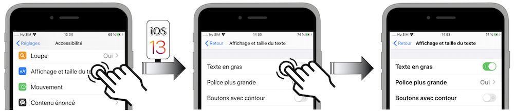 Illustration d'accès via le menu Réglages - Accessibilité - Affichage et taille du texte - Texte en gras