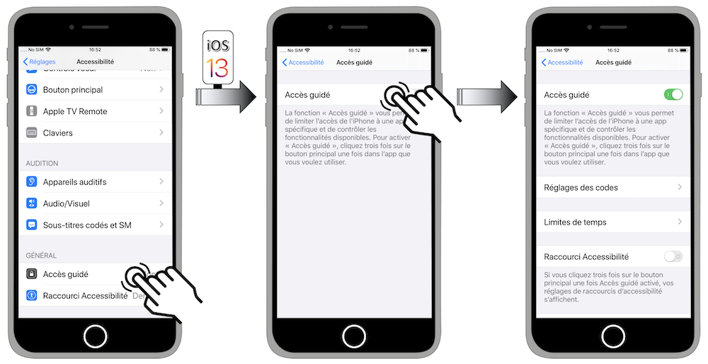 Illustration d'accès via le menu Réglages - Accessibilité - Accès guidé - Accès guidé