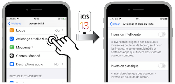 Illustration d'accès via le menu Réglages - Accessibilité - Affichage et taille du texte - Inversion intelligente