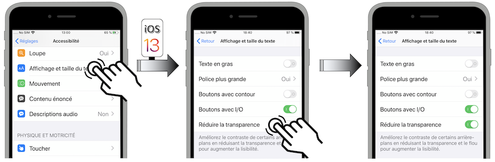 Illustration d'accès via le menu Réglages - Accessibilité - Affichage et taille du texte - Réduire la transparence