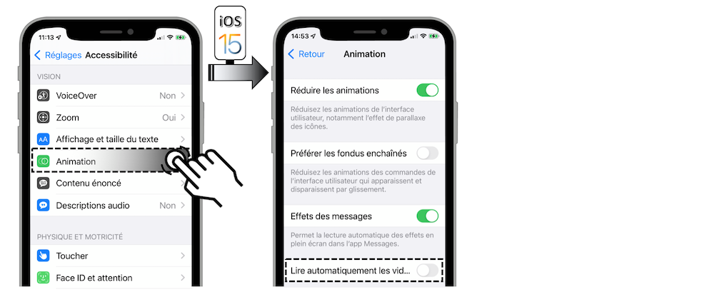 Illustration d'accès via le menu Réglages - Accessibilité - Mouvement - Lire automatiquement les aperçus
