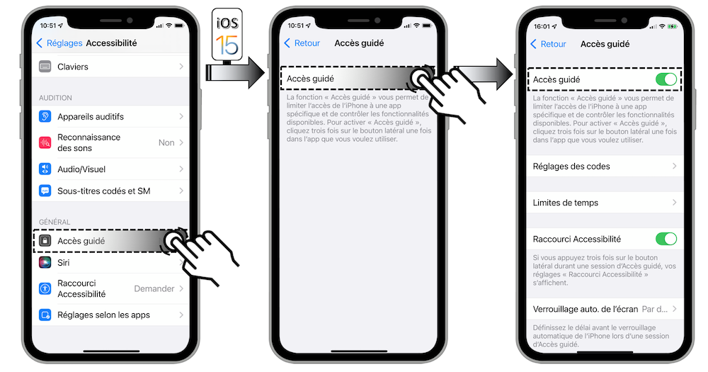 Illustration d'accès via le menu Réglages - Accessibilité - Accès guidé - Accès guidé