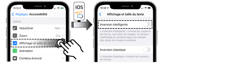 Illustration d'accès via le menu Réglages - Accessibilité - Affichage et taille du texte - Inversion intelligente