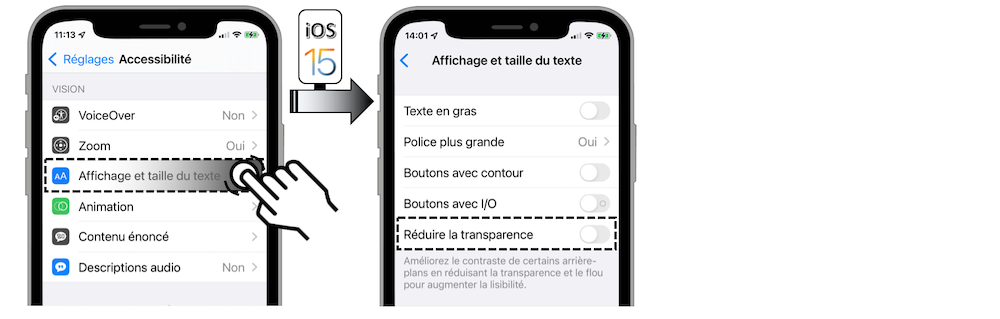 Illustration d'accès via le menu Réglages - Accessibilité - Affichage et taille du texte - Réduire la transparence